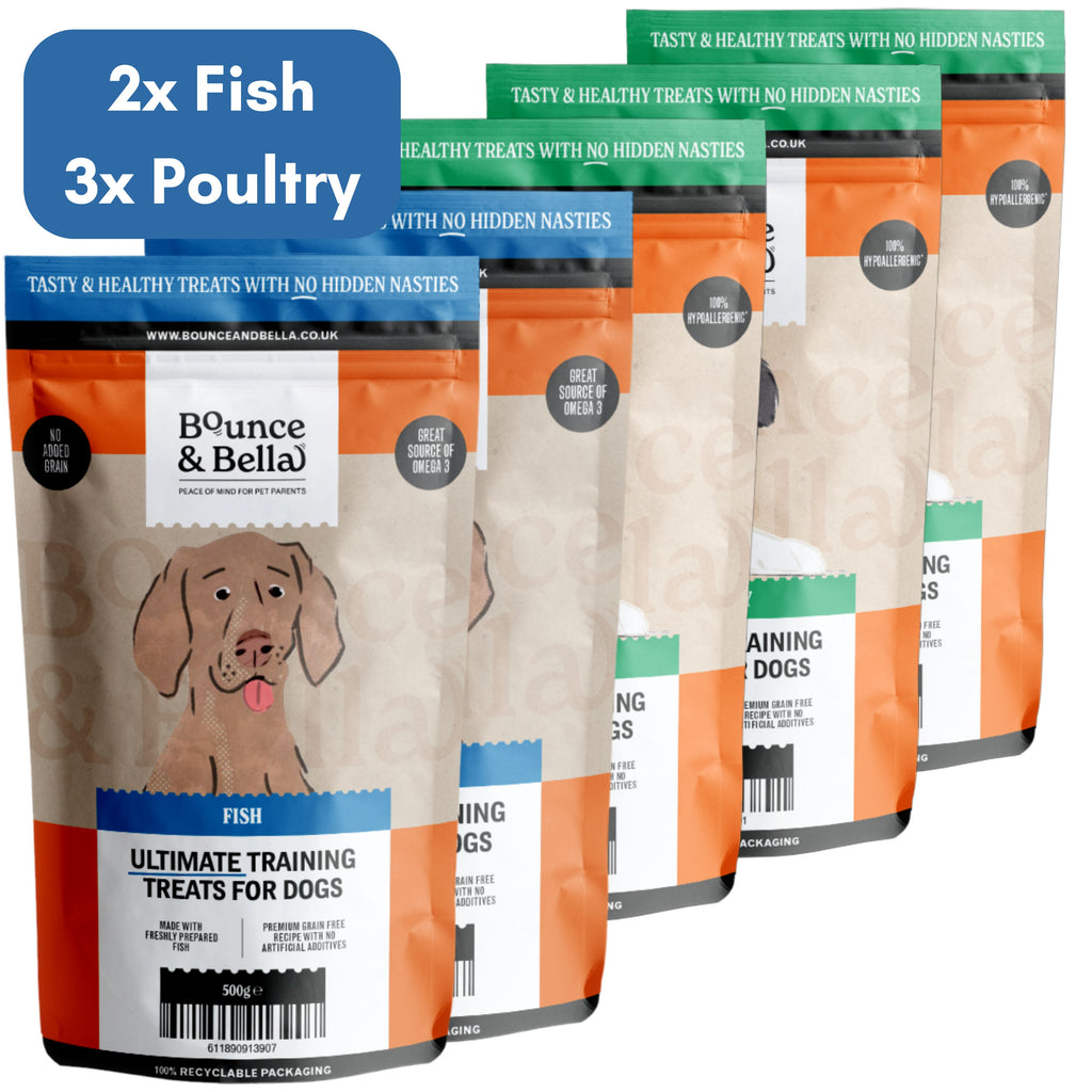 **Discounted Multipack** - 5 Packs - 3 Poultry (500g) & 2 Fish (500g) for only £35.95 (save £19 on the normal price!) - 2x Grain Free Ultimate Fish & 3x Poultry Treats for Dogs