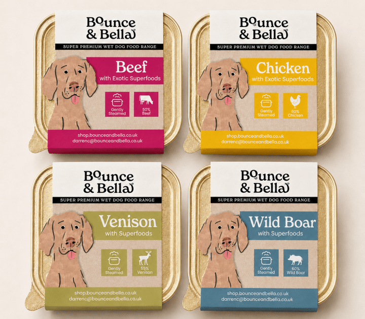  Bounce &amp; Bella mixed wet dog food trays in Chicken, Beef, Venison and Wild Boar flavours