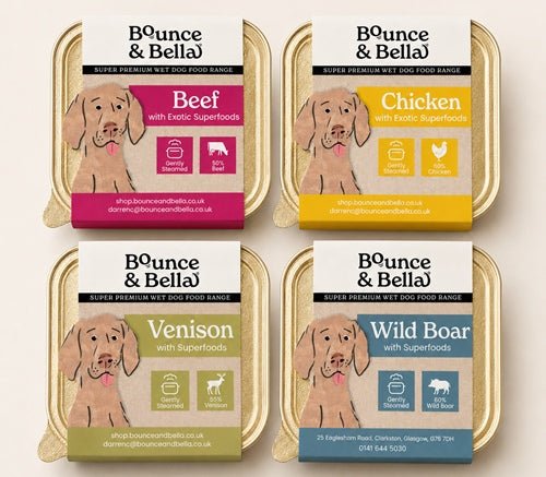 1) Bounce & Bella mixed wet dog food trays in Chicken, Beef, Venison and Wild Boar flavours
