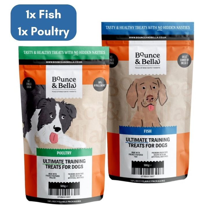 **Discounted Multipack** - 2 Packs - 1 Poultry (500g) &amp; 1 Fish (500g) for only £19.98 (save £4 on the normal price!) - Grain Free Ultimate Fish &amp; Poultry Treats for Dogs