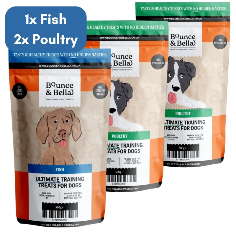 **Discounted Multipack** - 3 Packs - 2 Poultry (500g) & 1 Fish (500g) for only £27.97 (save £8 on the normal price!) - 1x Grain Free Ultimate Fish & 2x Poultry Training Treats for Dogs