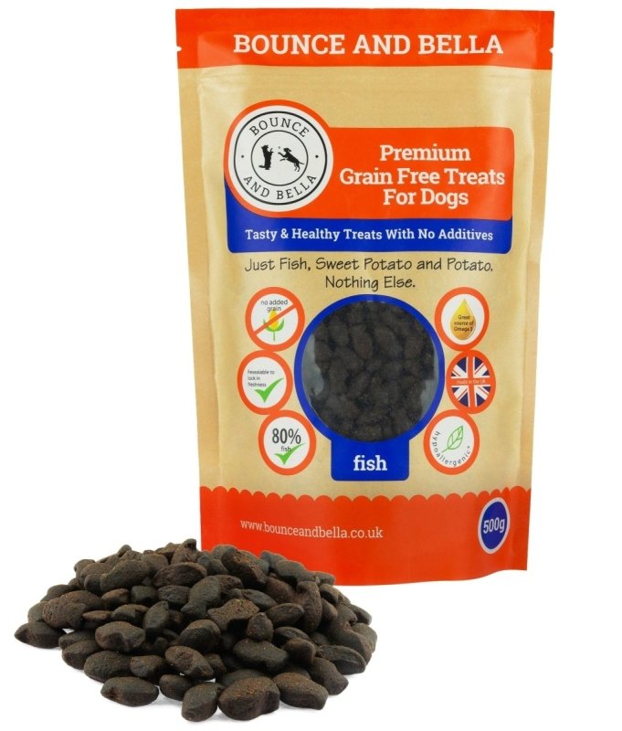 A packet of Grain-Free Fish Training Treats with a small pile of treats in front. 