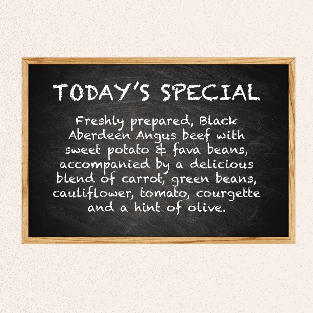RESTAURANT QUALITY! Freshly prepared, Aberdeen Angus beef with sweet potato & fava beans, accompanied by a delicious blend of carrot, green beans, cauliflower, tomato, courgette and a hint of olive.