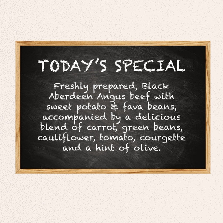 RESTAURANT QUALITY! Freshly prepared, Aberdeen Angus beef with sweet potato &amp; fava beans, accompanied by a delicious blend of carrot, green beans, cauliflower, tomato, courgette and a hint of olive.