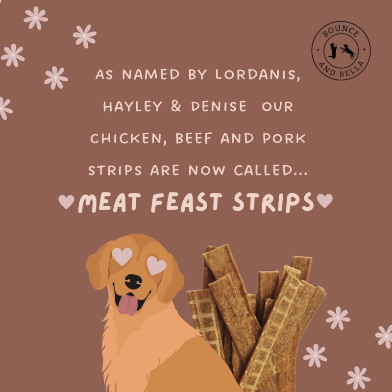 **Discounted Multipack** - 5 Packs for only £32.95 (save £12 on the normal price) - Natural Dog Chews - Chicken, Beef and Pork Meat Feast Strips
