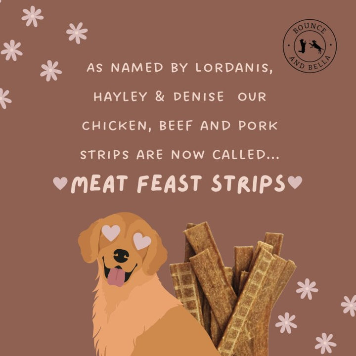 **Discounted Multipack** - 5 Packs for only £32.95 (save £12 on the normal price) - Natural Dog Chews - Chicken, Beef and Pork Meat Feast Strips