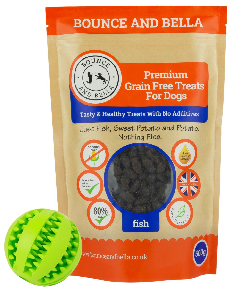 green dispenser treat ball and fish training treats