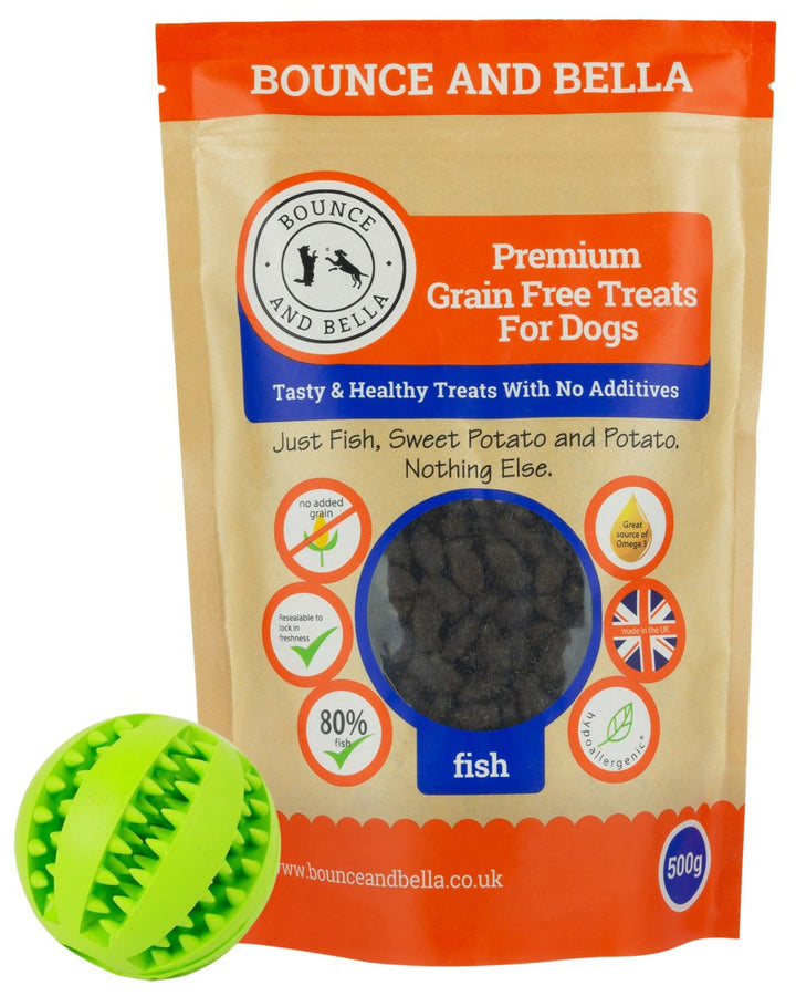 green dispenser treat ball and fish training treats