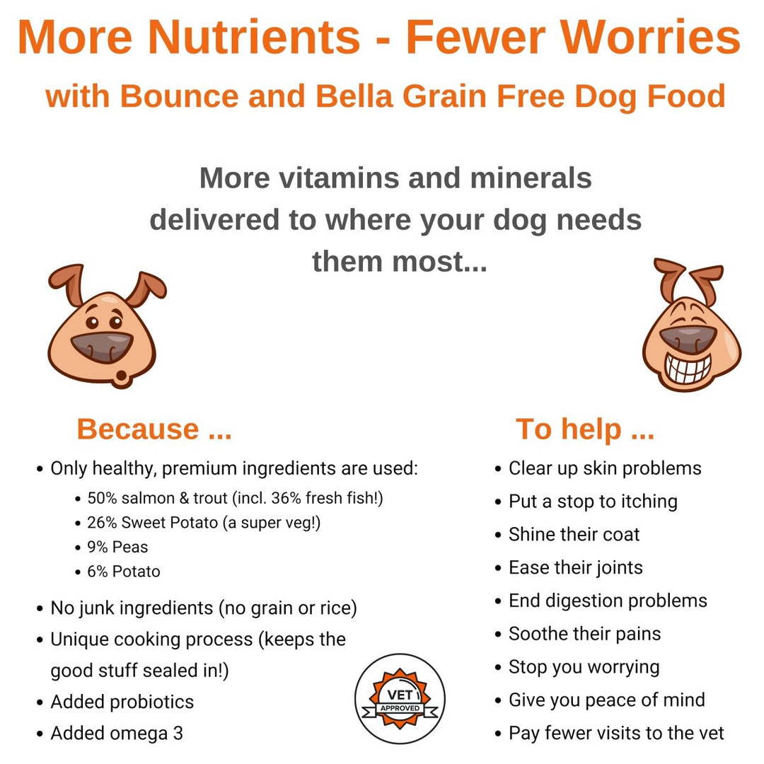 More Nutrients - Fewer Worries with Bounce and Bella Grain-Free Dog Food
